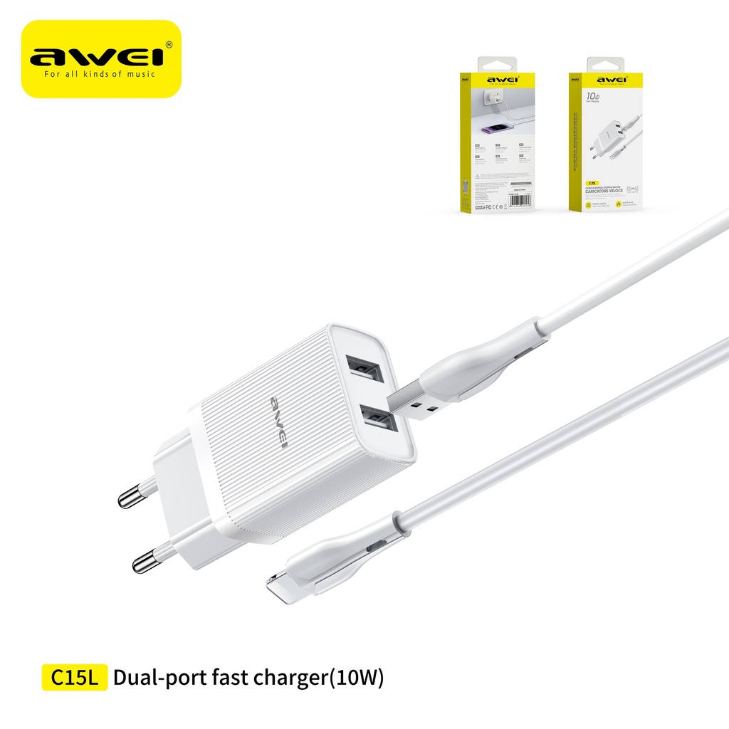 AWEI C15L-EUWH Set Caricatore con Doppio Uscita USB + Cavo USB To Lightning