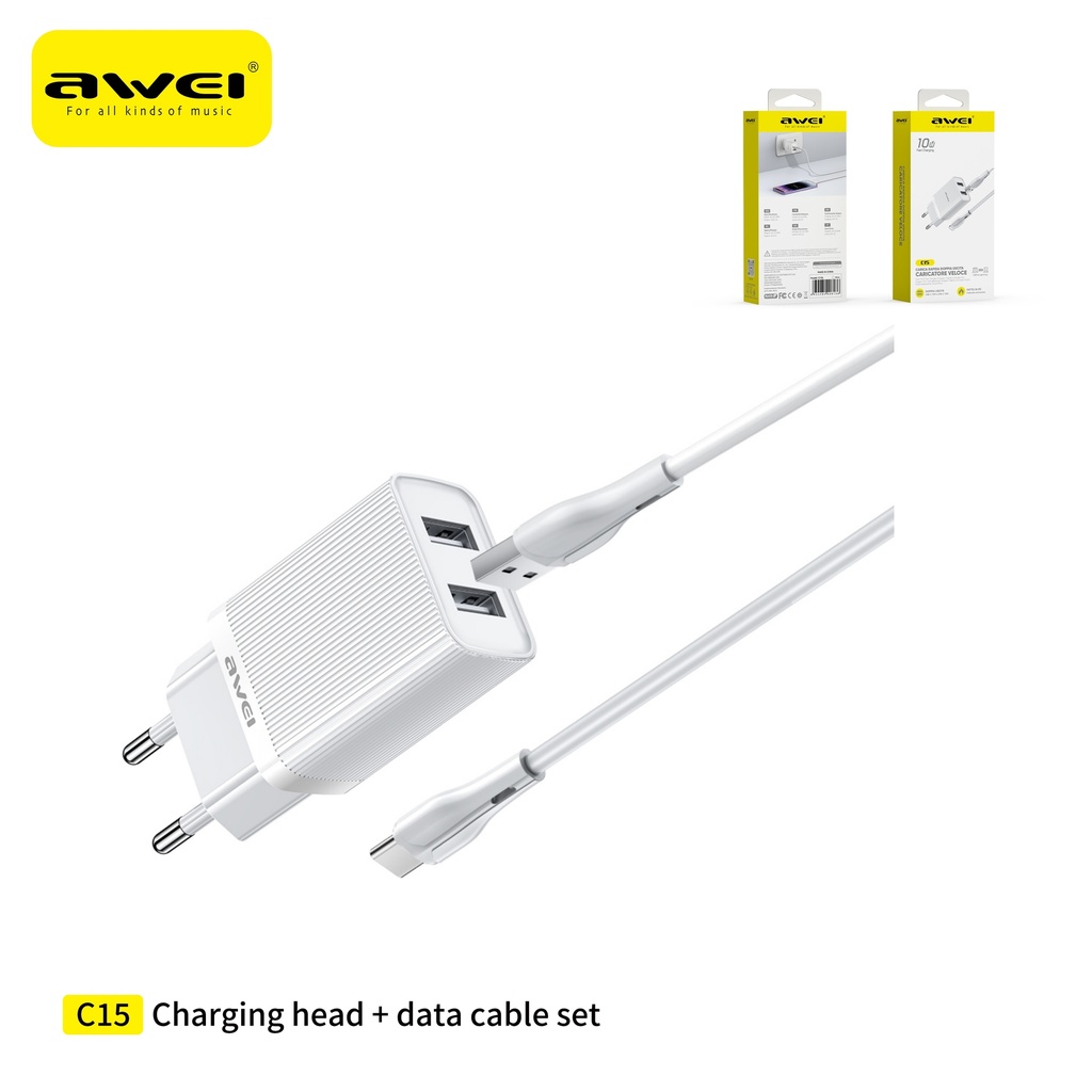 AWEI C15T-EUWH Set Caricatore con Doppio Uscita USB + Cavousb To Type-C