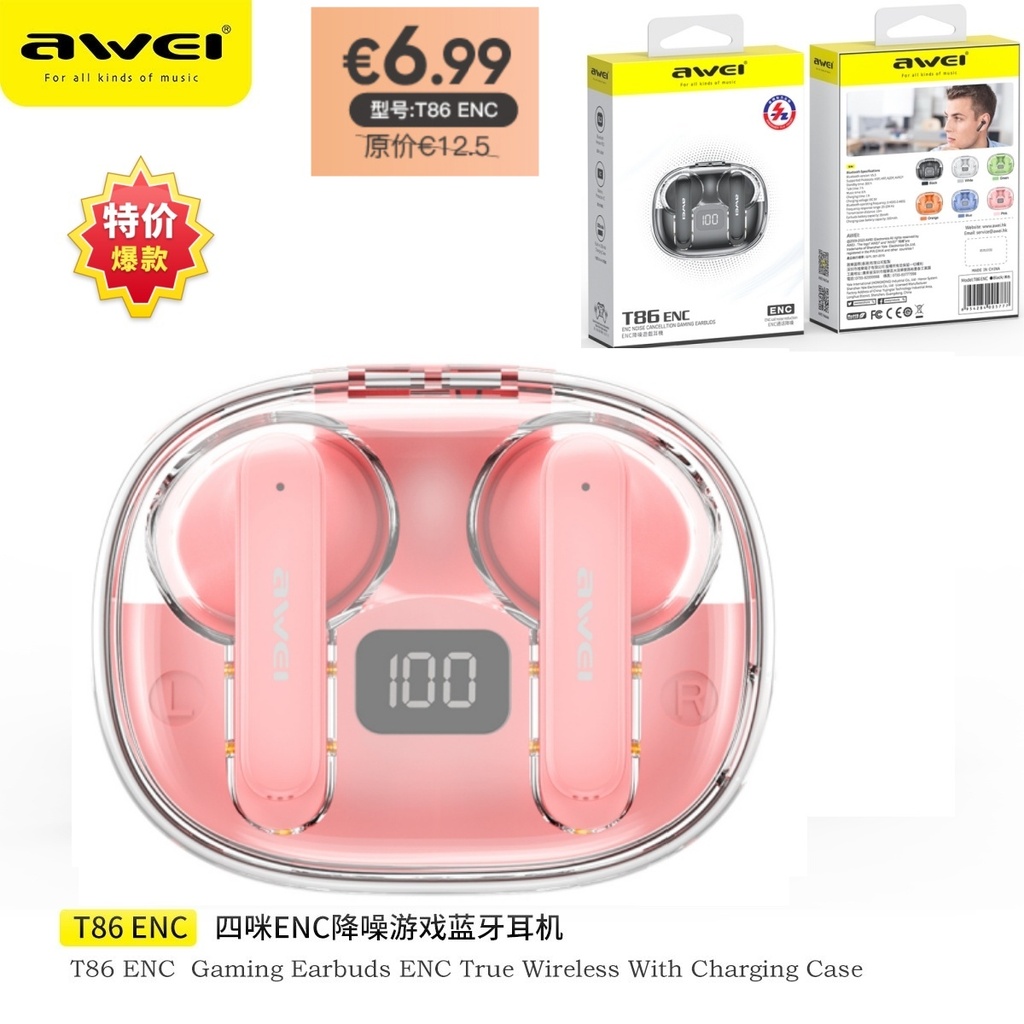 [T86ENCPK] AWEI T86ENCPK ENC Cuffie Wireless Rosa