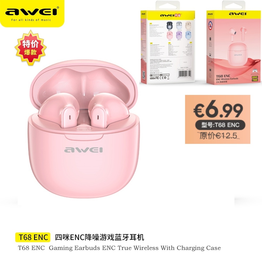 [T68ENCPK] AWEI T68ENCPK ENC Cuffie Wireless Viola