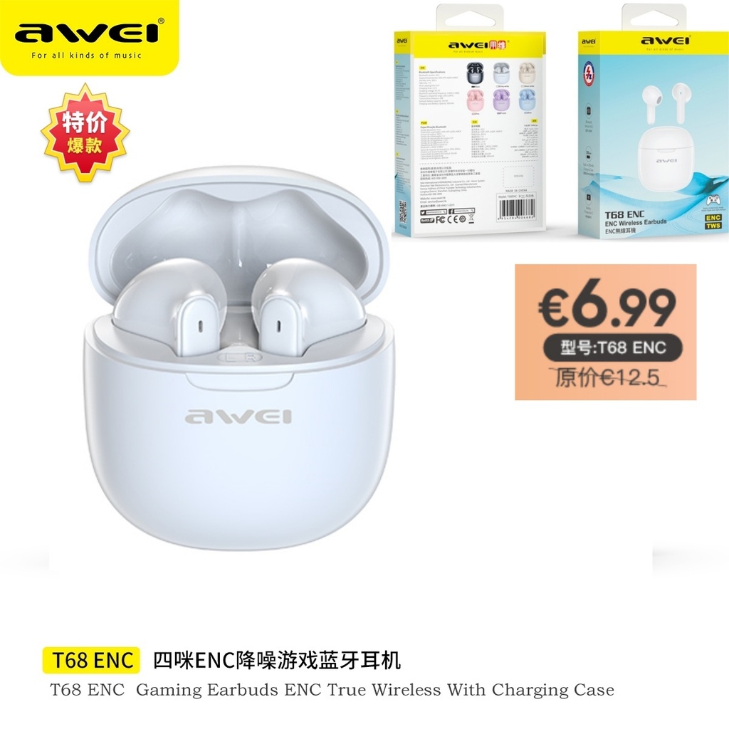 [T68ENCWH] AWEI T68ENCWH ENC Cuffie Wireless Bianco