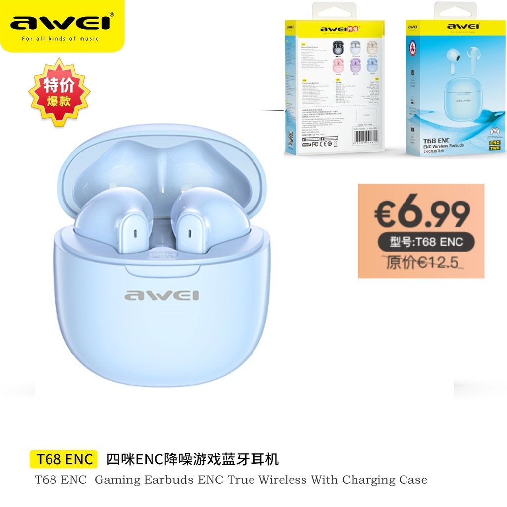 AWEI T68ENCBL ENC Cuffie Wireless Blu