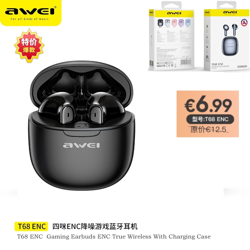AWEI T68ENCBK ENC Cuffie Wireless Nero