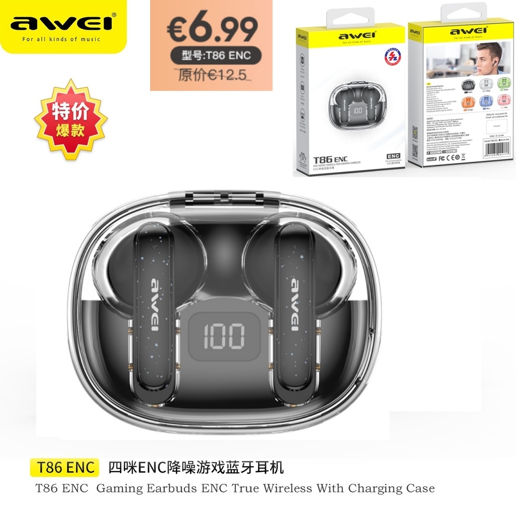 AWEI T86ENCBK ENC Cuffie Wireless Nero