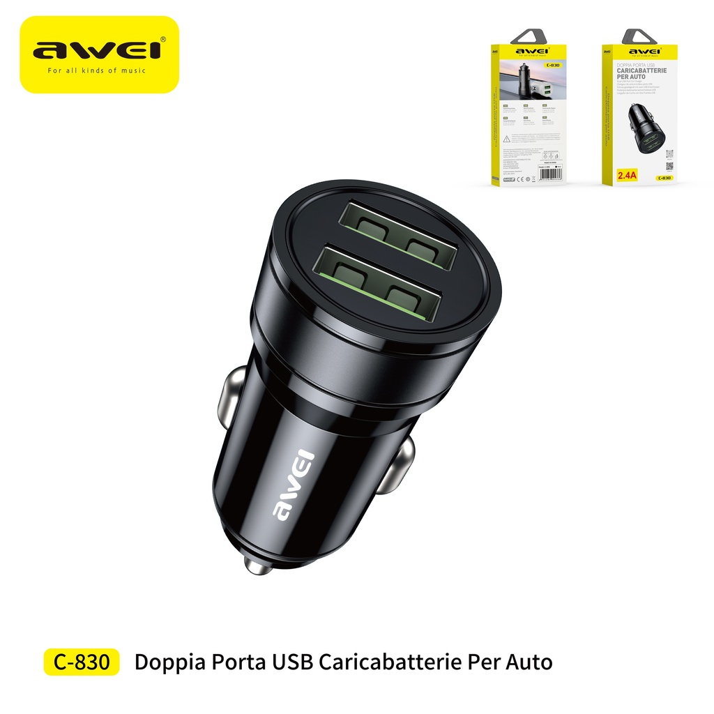 AWEI C-830 Caricatore Auto USB + USB 2,4A