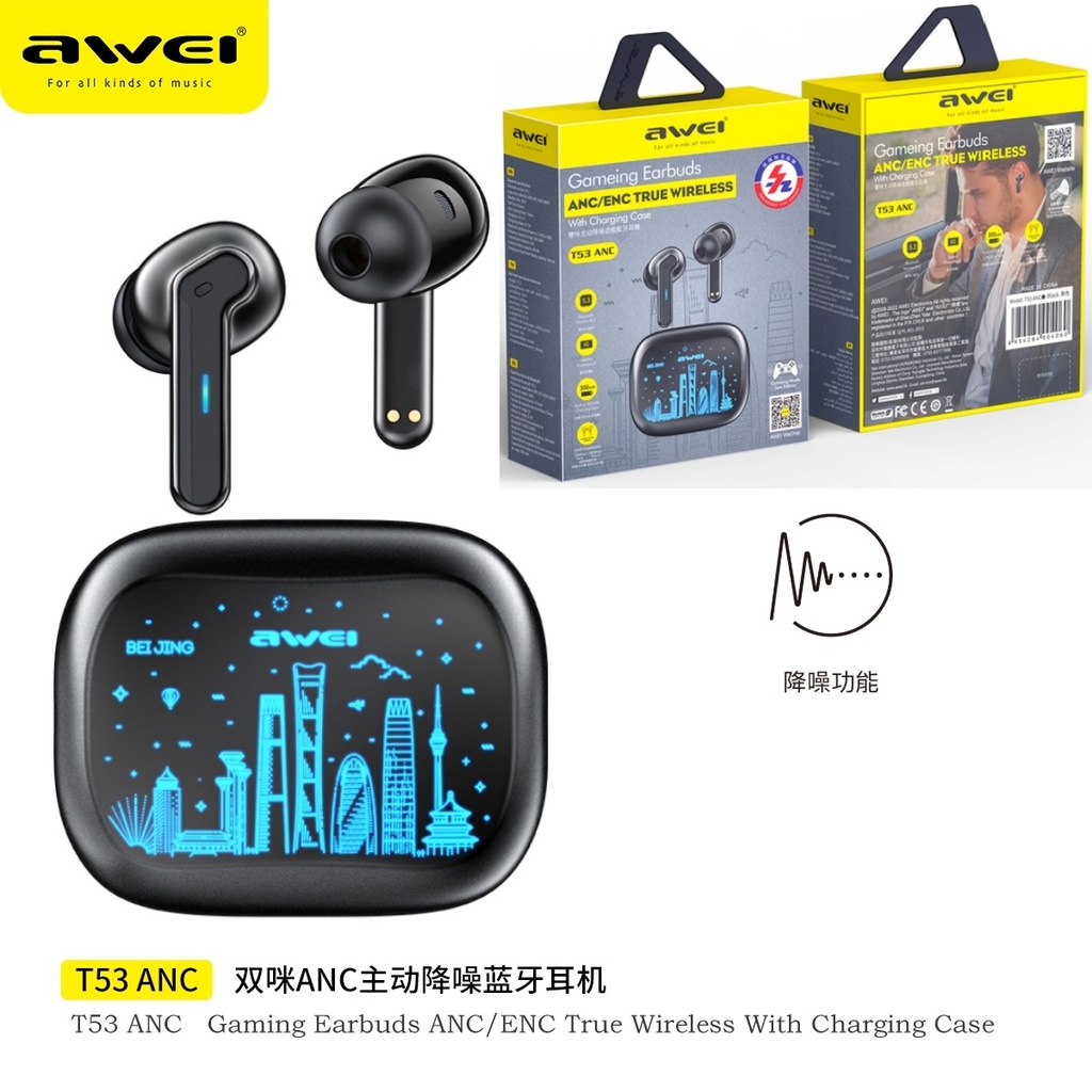 [T53 ANC] AWEI T53 ANC Auricolari Bluetooth Wireless Auricolari Musicali HIFI con Cuffie a 4 Microfoni