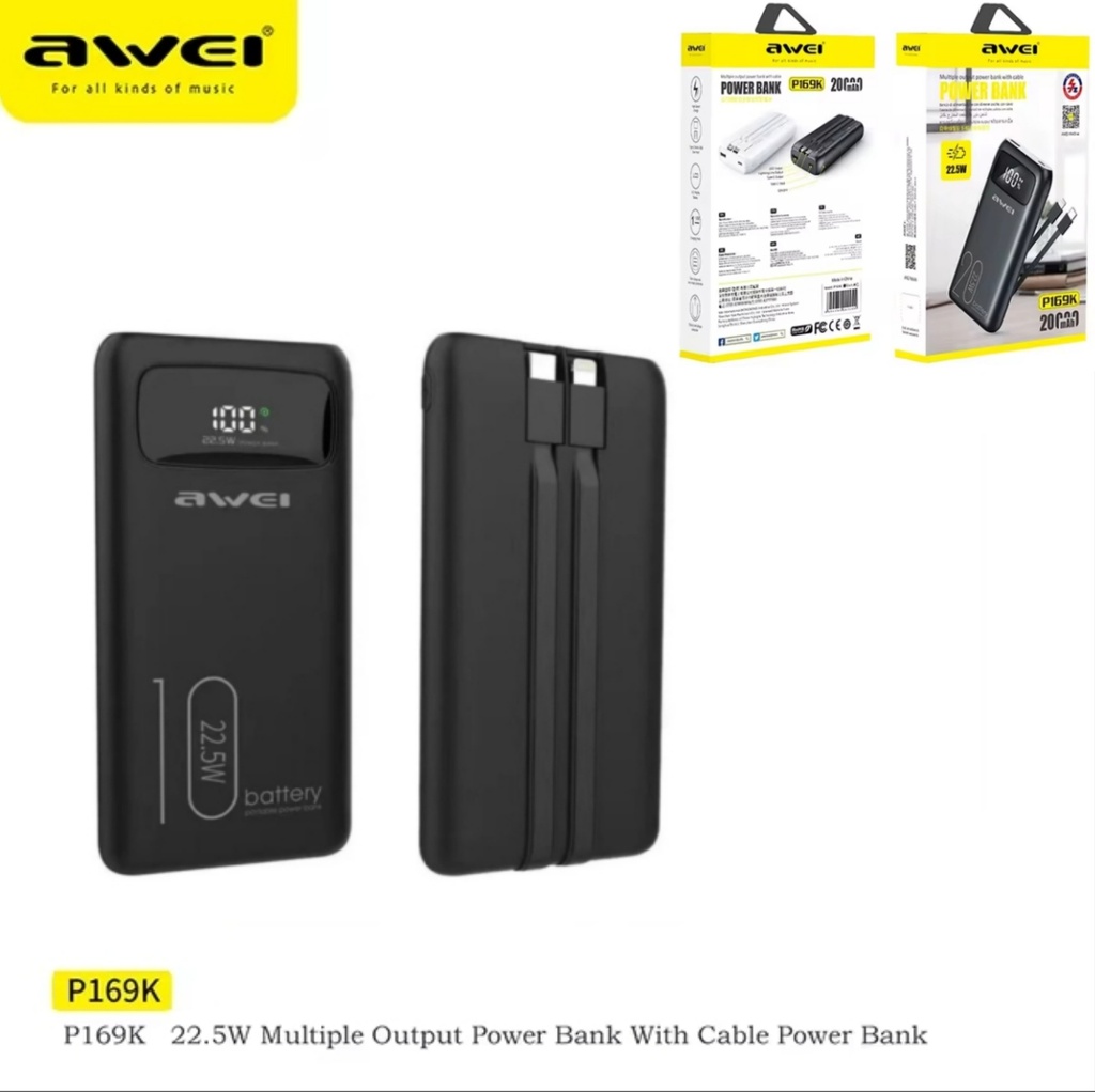 AWEI P169K Power Bank Mobilea Ricarica Rapida da 22,5W con Cavointegrato