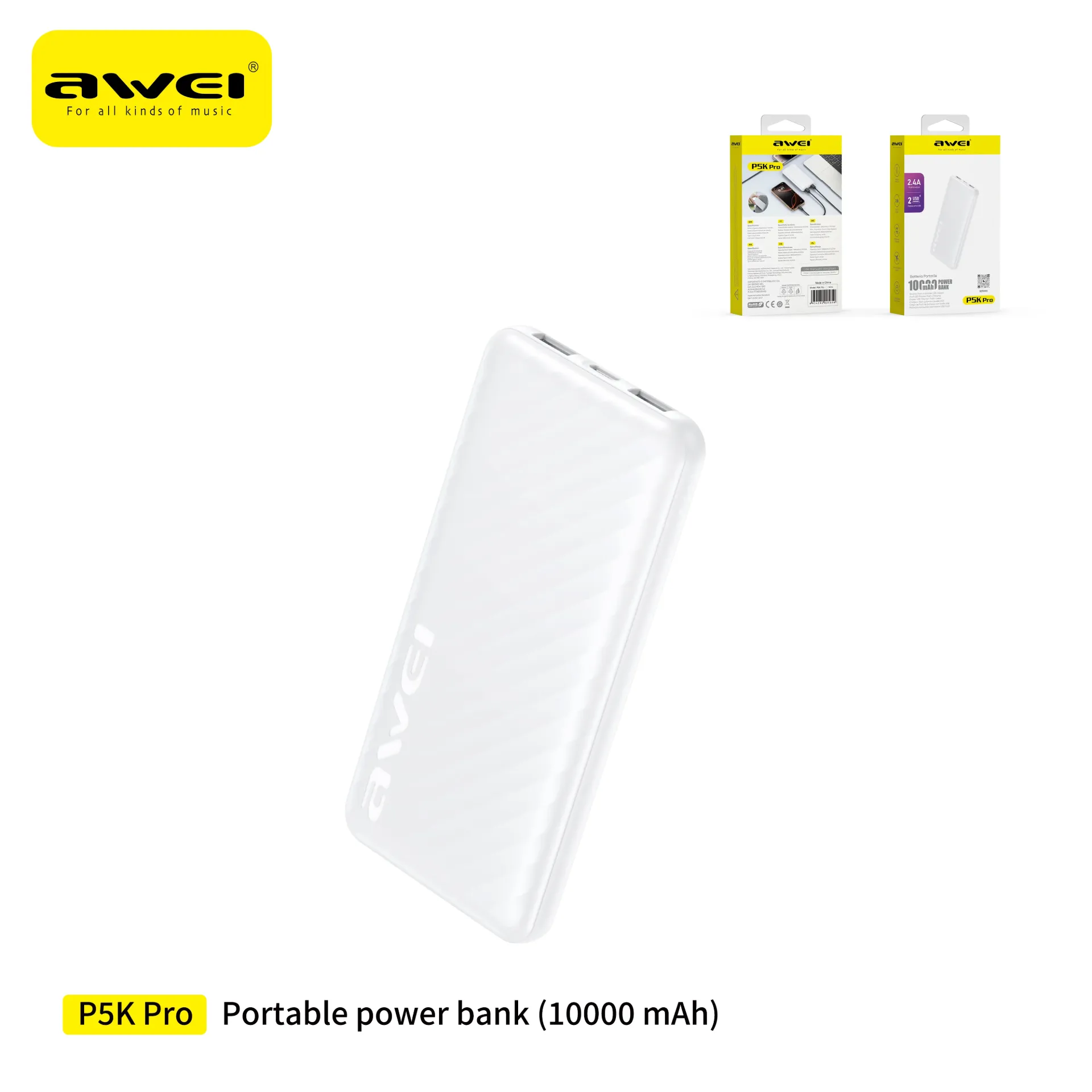 AWEI P5Kpro-WH Power Bank USB in Polimero Bianco 10000 mAh Bianco