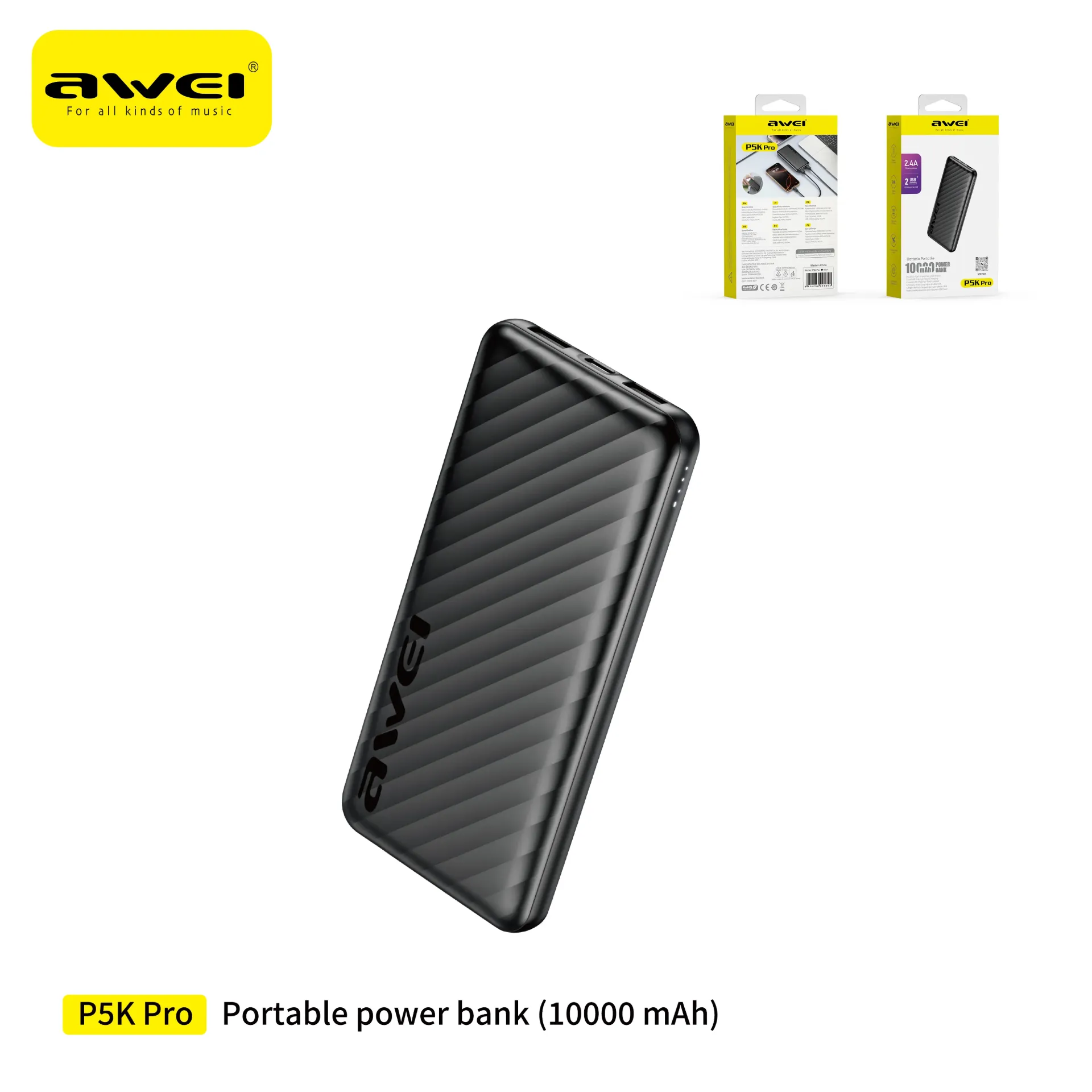 AWEI P5Kpro-BK Power Bank USB in Polimero Bianco 10000 mAh Nero