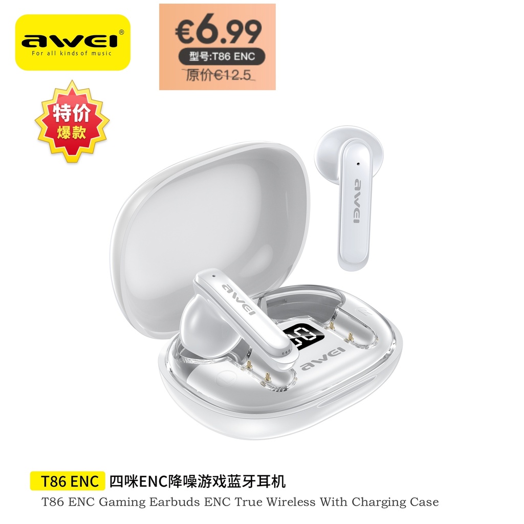 AWEI T86ENCAW ENC Cuffie Wireless Bianco Totale