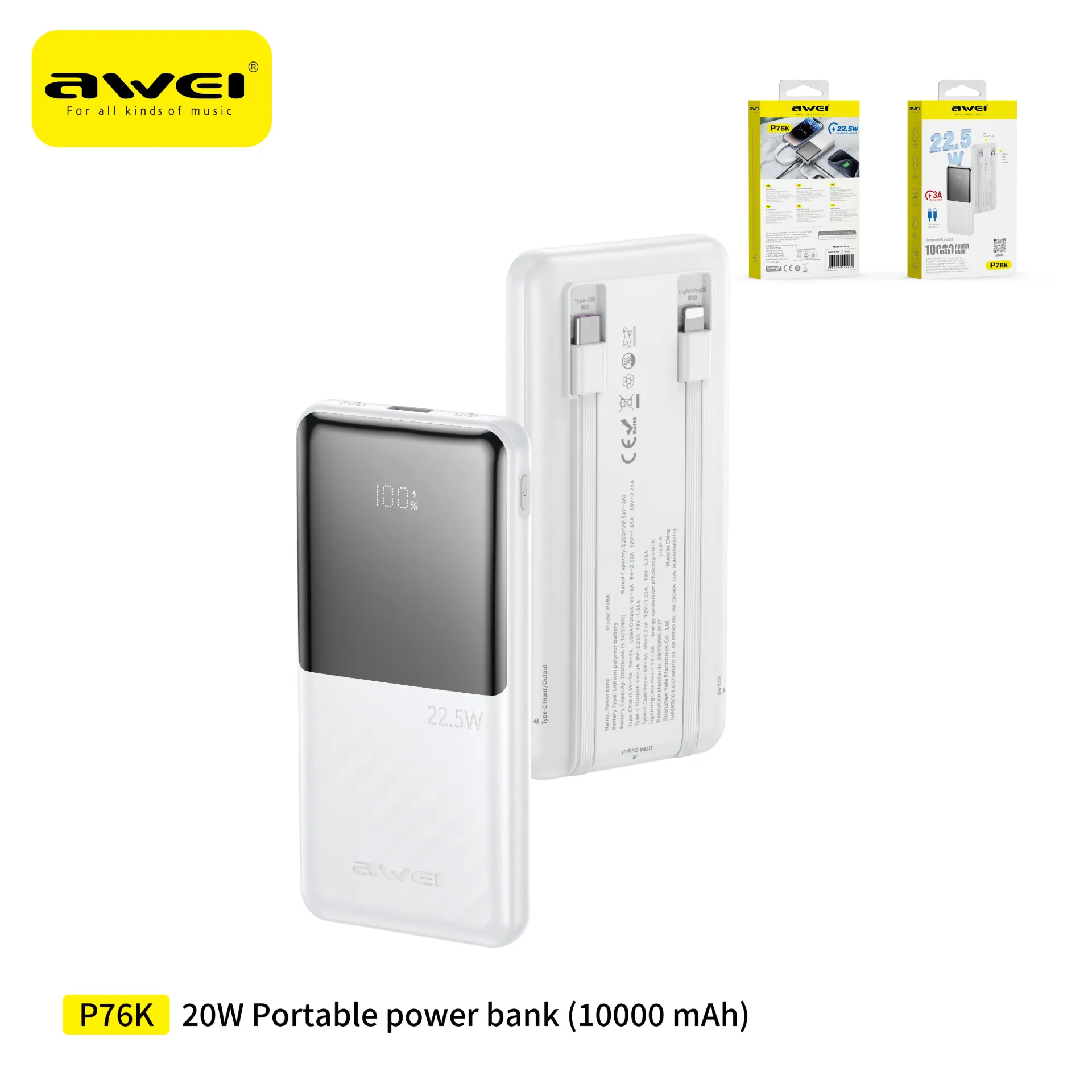 AWEI POWERBANK CON CAVI 10000MAH BIANCO