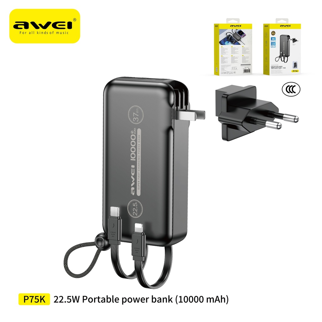 AWEI P75K Power Bank con Cavi e Prese 10000 mAh Nero