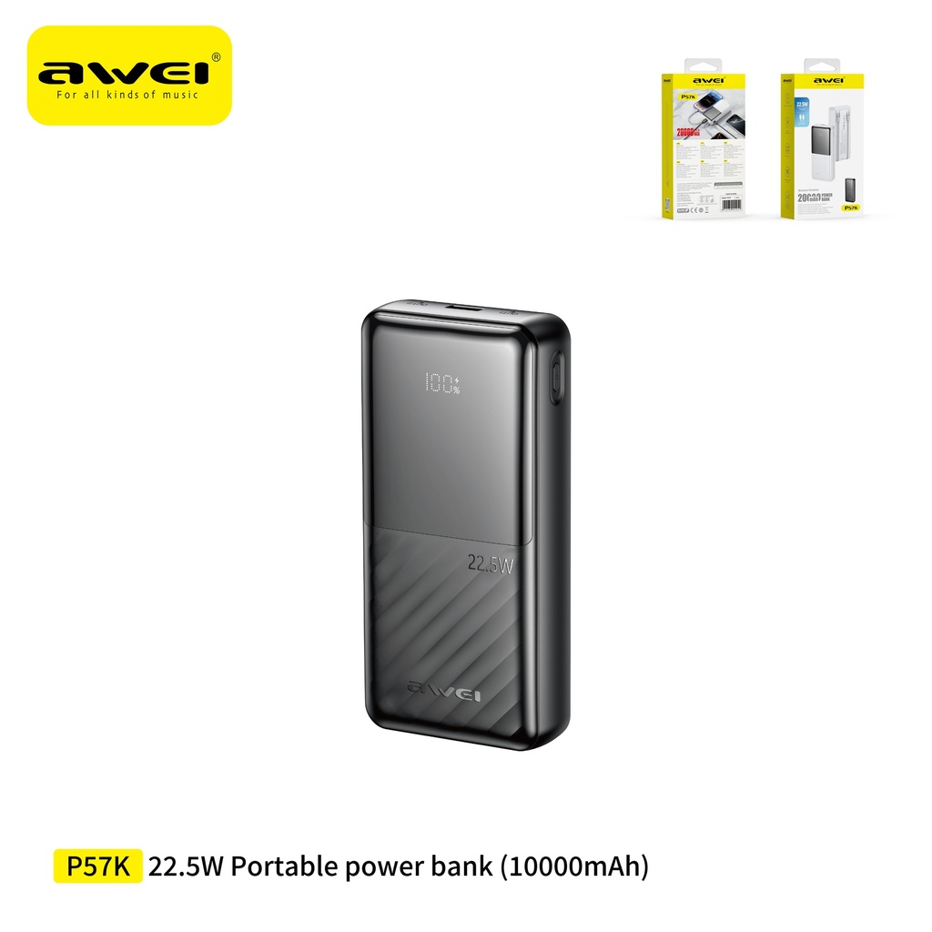 AWEI P57K-BK Power Bank con Cavi 20000 mAh Nero