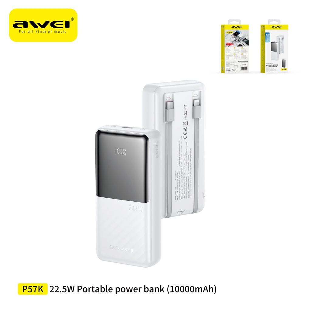 [P57K-WH] AWEI P57K-WH Power Bank con Cavi 20000 mAh Bianco