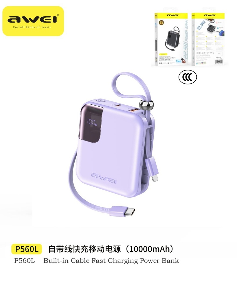 AWEI P560L-PP Mini Power Bank con Cavi 10000 mAh Viola