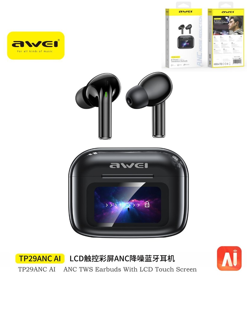 [TP29 ANC] AWEI TP29 ANC Auricolari ANC Wireless con Display Multifunzione Nero