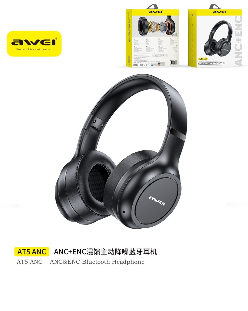 AWEI AT5 ANC-BK Cuffie Bluetooth con ANC