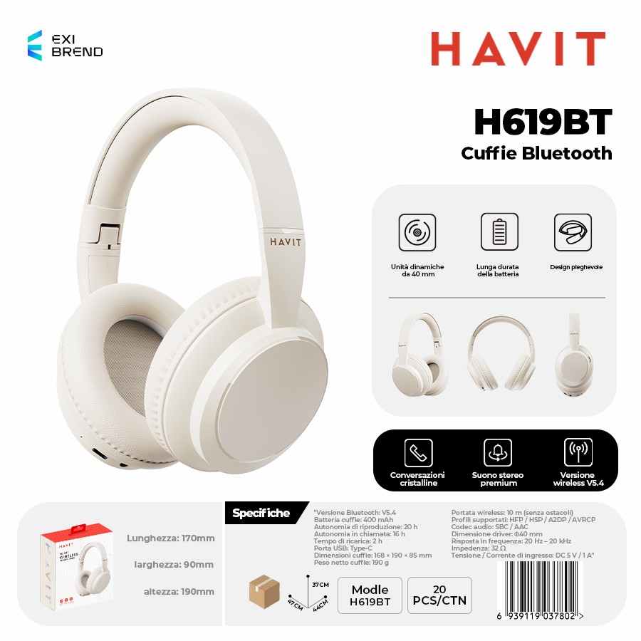 HAVIT H619BT-WH Cuffie Bluetooth