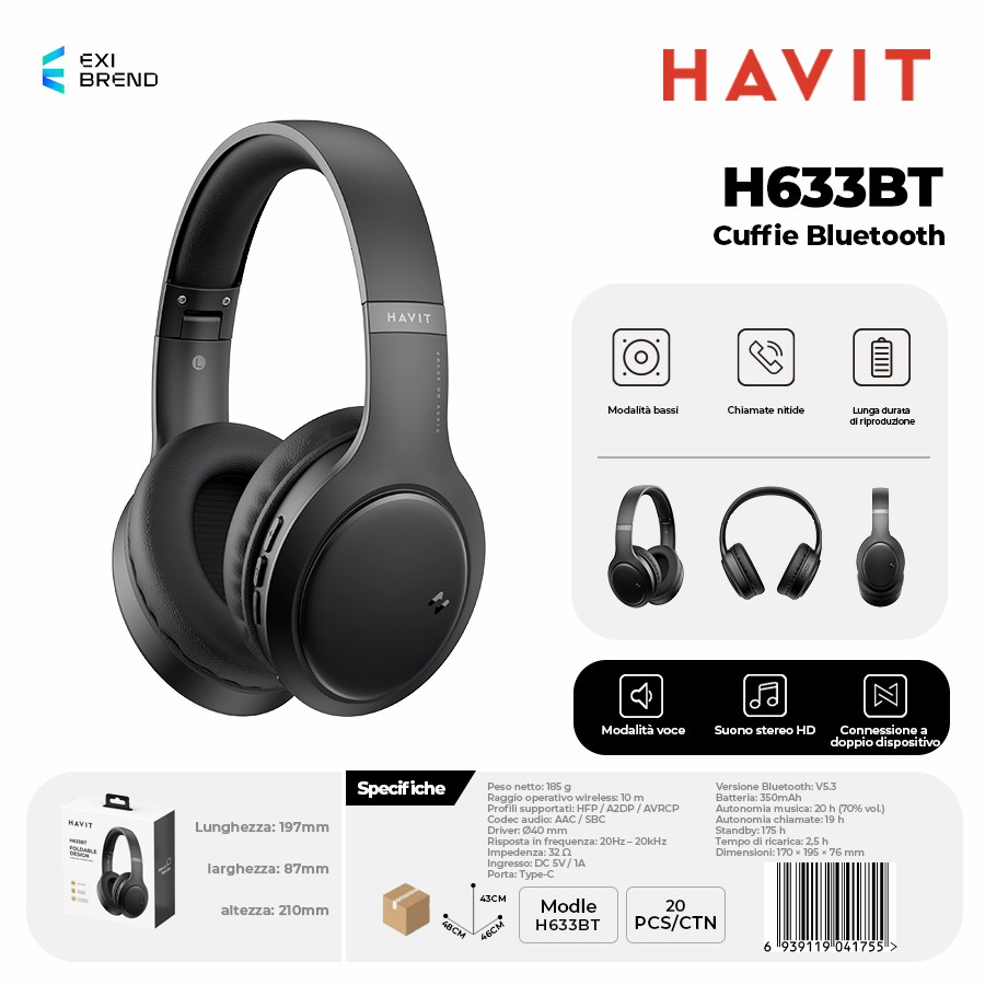 HAVIT H633BT-BK Cuffie Bluetooth