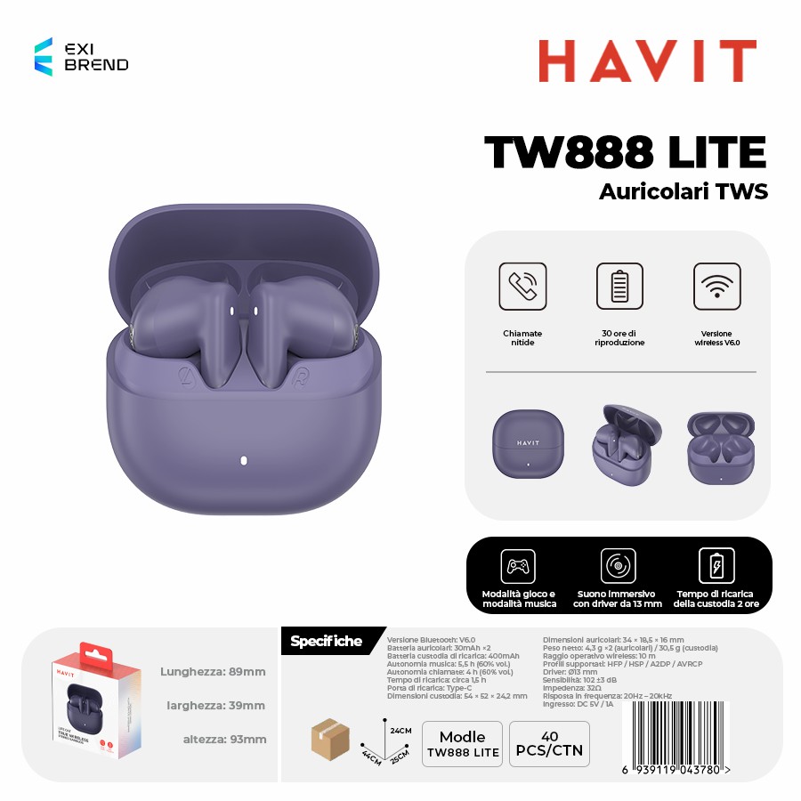 [TW888 LITE-BL] HAVIT TW888 LITE-BL Auricolari True Wireless