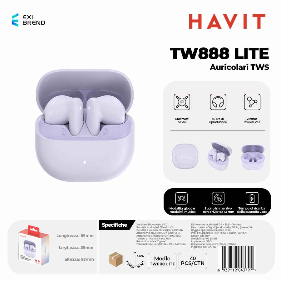 [TW888 LITE-PP] HAVIT TW888 LITE-PP Auricolari True Wireless