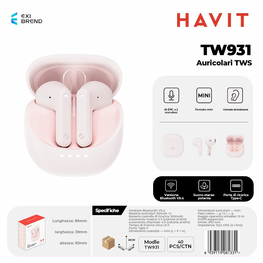 [TW931-PK] HAVIT TW931-PK Auricolari True Wireless