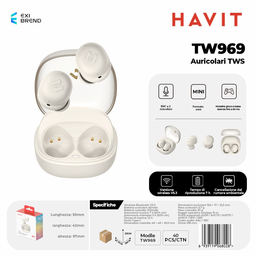 [TW969-BE] HAVIT TW969-BE Auricolari True Wireless