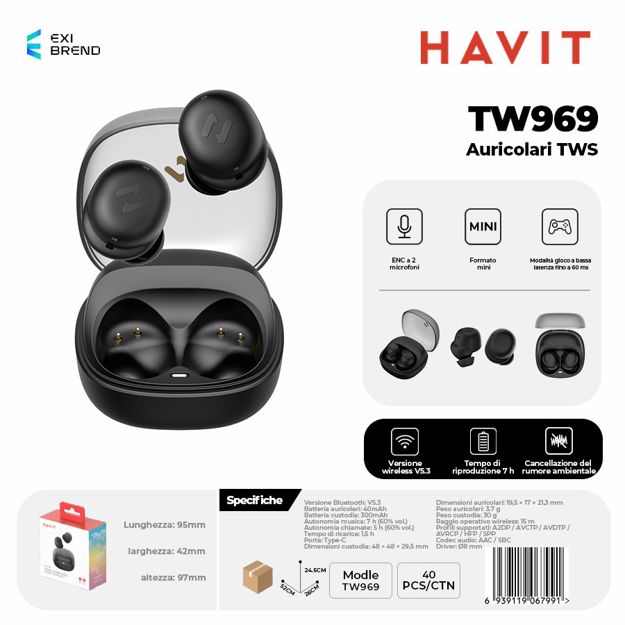 [TW969-BK] HAVIT TW969-BK Auricolari True Wireless