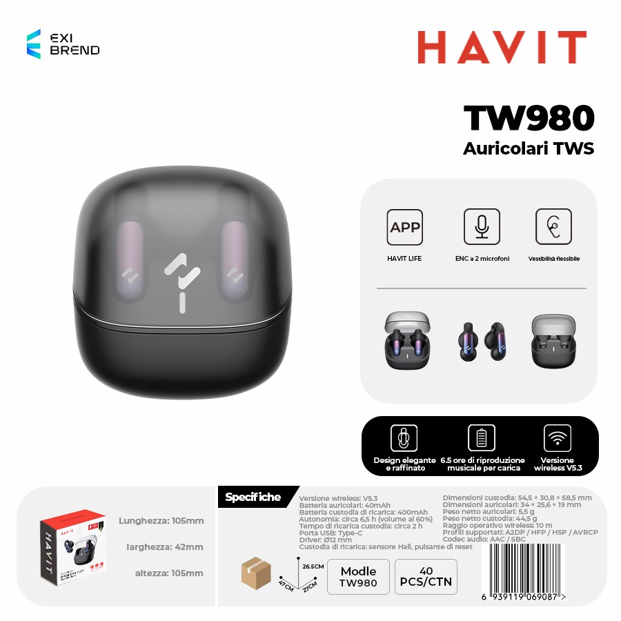 [TW980-BK] HAVIT TW980-BK Auricolari True Wireless