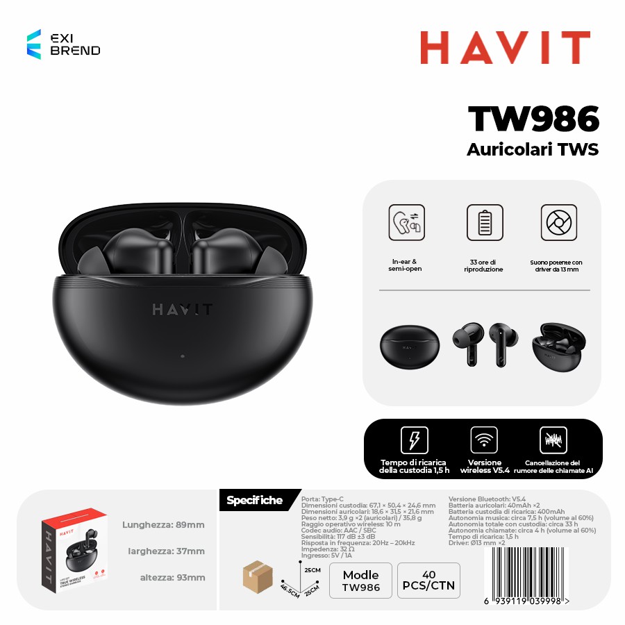 HAVIT TW986-BK Auricolari True Wireless
