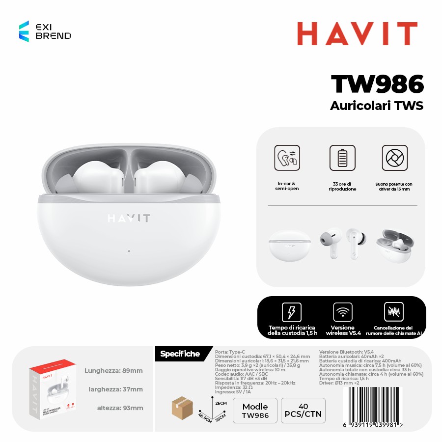 [TW986-WH] HAVIT TW986-WH Auricolari True Wireless