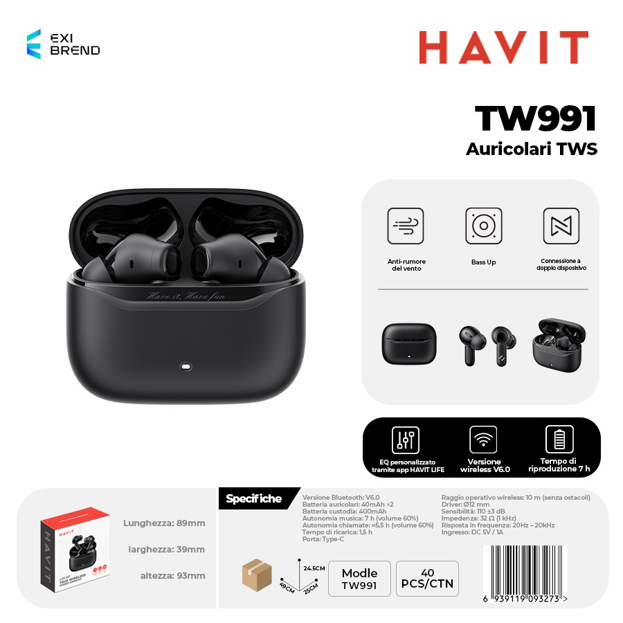 [TW991-BK] HAVIT TW991-BK Auricolari True Wireless