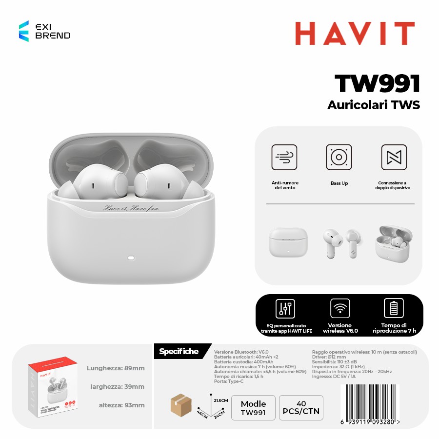 [TW991-GY] HAVIT TW991-GY Auricolari True Wireless
