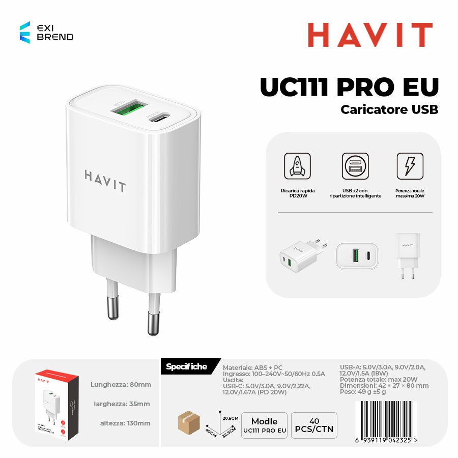 HAVIT UC111 PRO EU WH Caricatore USB