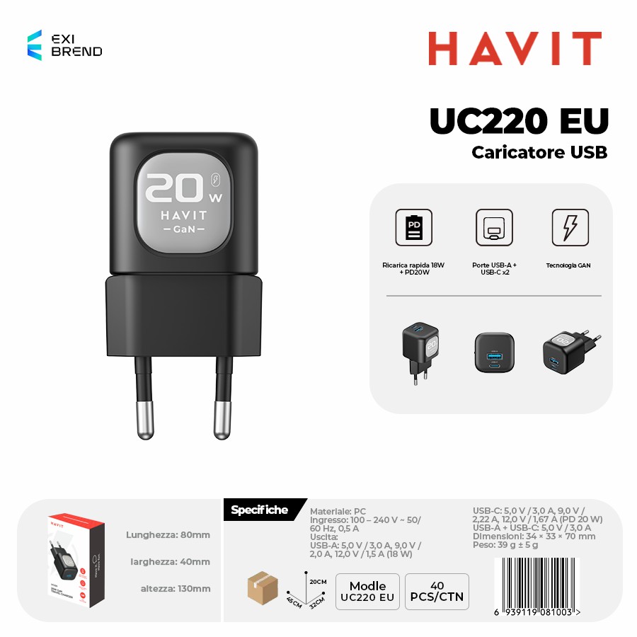 HAVIT UC220 EU Caricatore USB