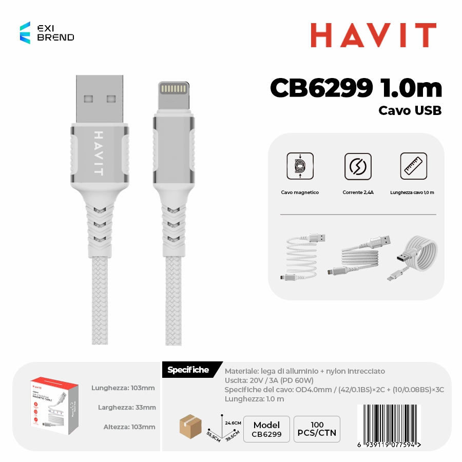 HAVIT CB6299 1 m-WH Cavo USB