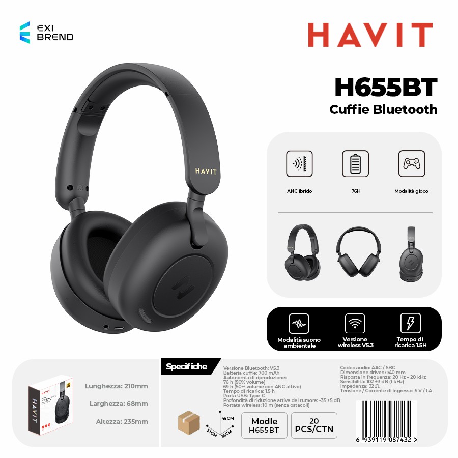 HAVIT H655BT-BK Cuffie Bluetooth