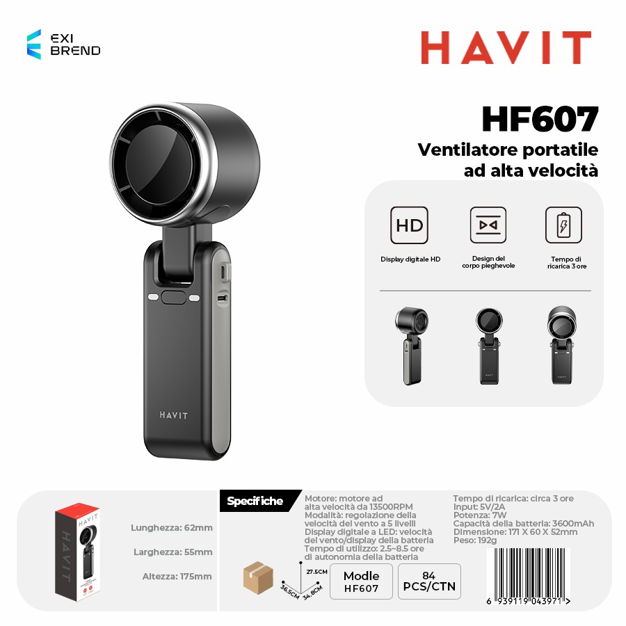 [HF607-BK] HAVIT HF607 Small Home Appliances-Ventilatore Portatile Ad Alta Velocità