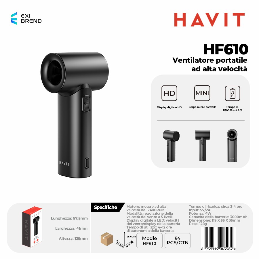 [HF610-BK] HAVIT HF610 Small Home Appliances-Ventilatore Portatile Ad Alta Velocità