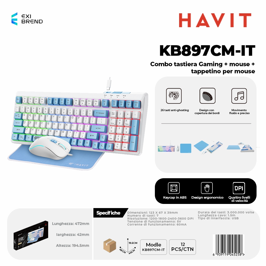 HAVIT KB897CM-IT Tastiera Gaming + Mouse + Tappetino Mouse Combo