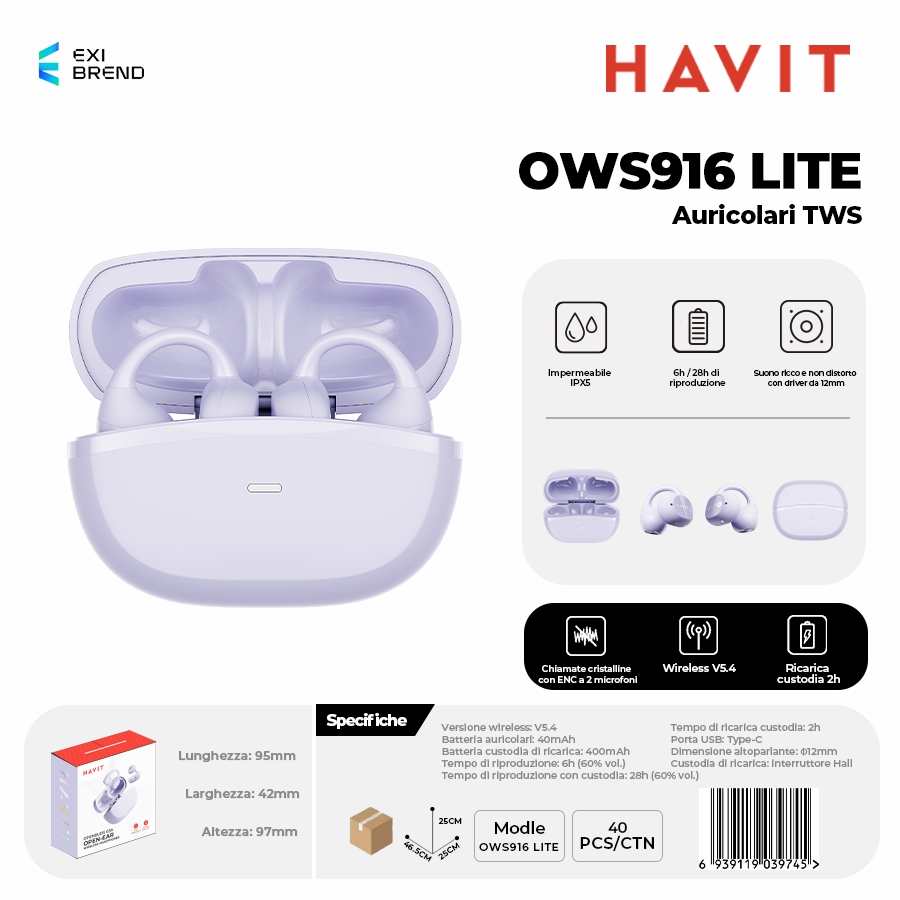 HAVIT OWS916 LITE-PP Auricolari Open-Ear