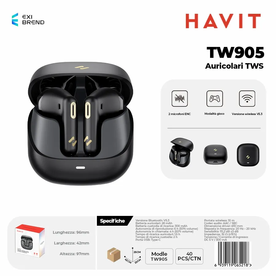 HAVIT TW905-BK Auricolari True Wireless