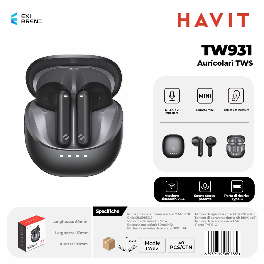 HAVIT TW931-BK Auricolari True Wireless