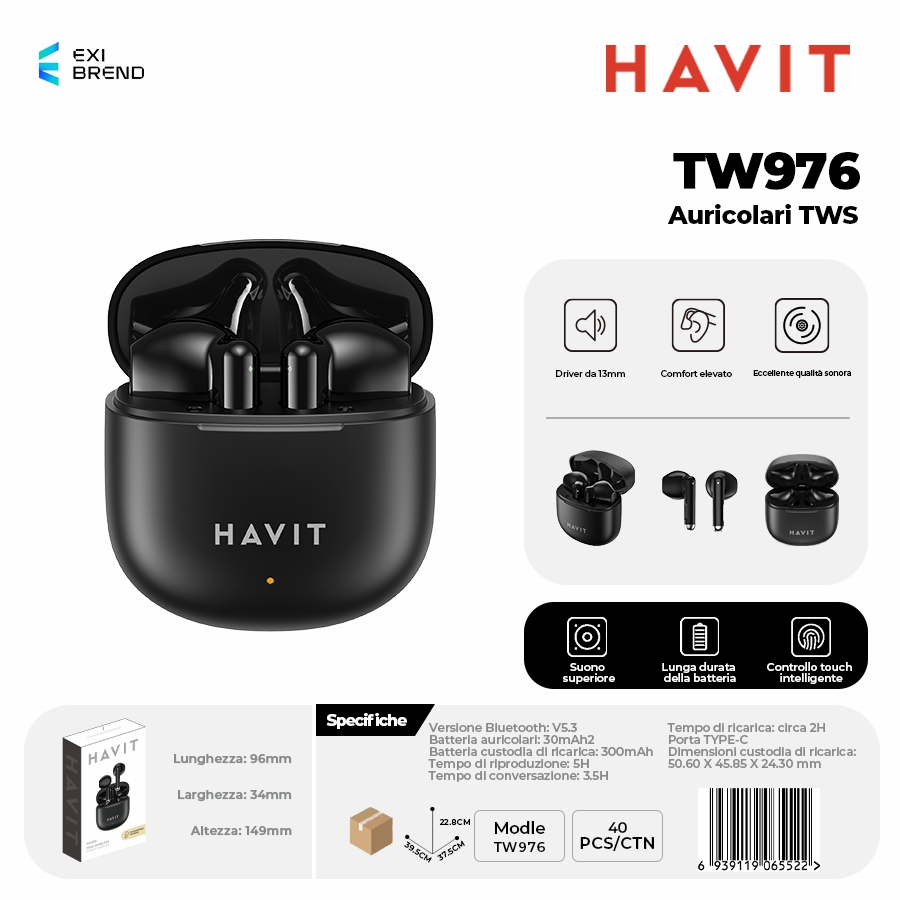 HAVIT TW976-BK Auricolari True Wireless