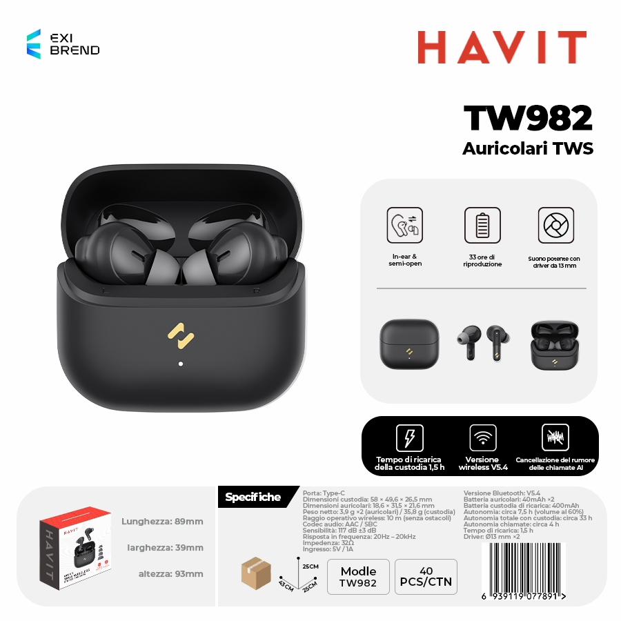 HAVIT TW982-BK Auricolari True Wireless
