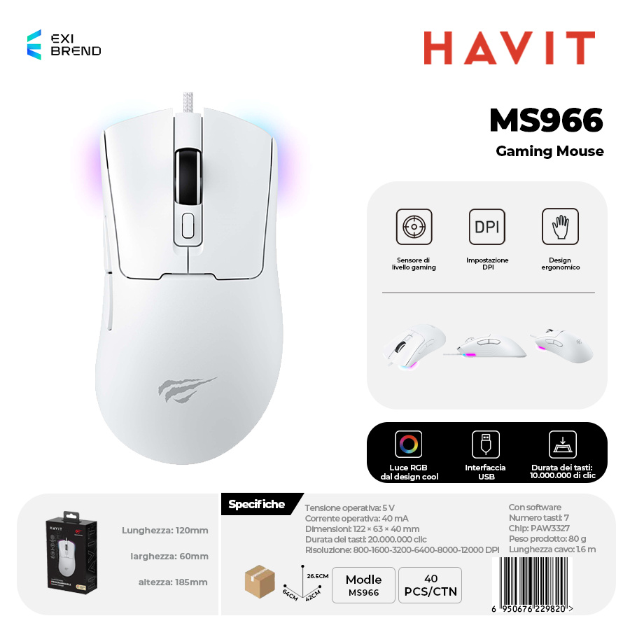 HAVIT MS966-WH Mouse Gaming con RGB DPI Fino 12000 7 Tasti Macro Programming