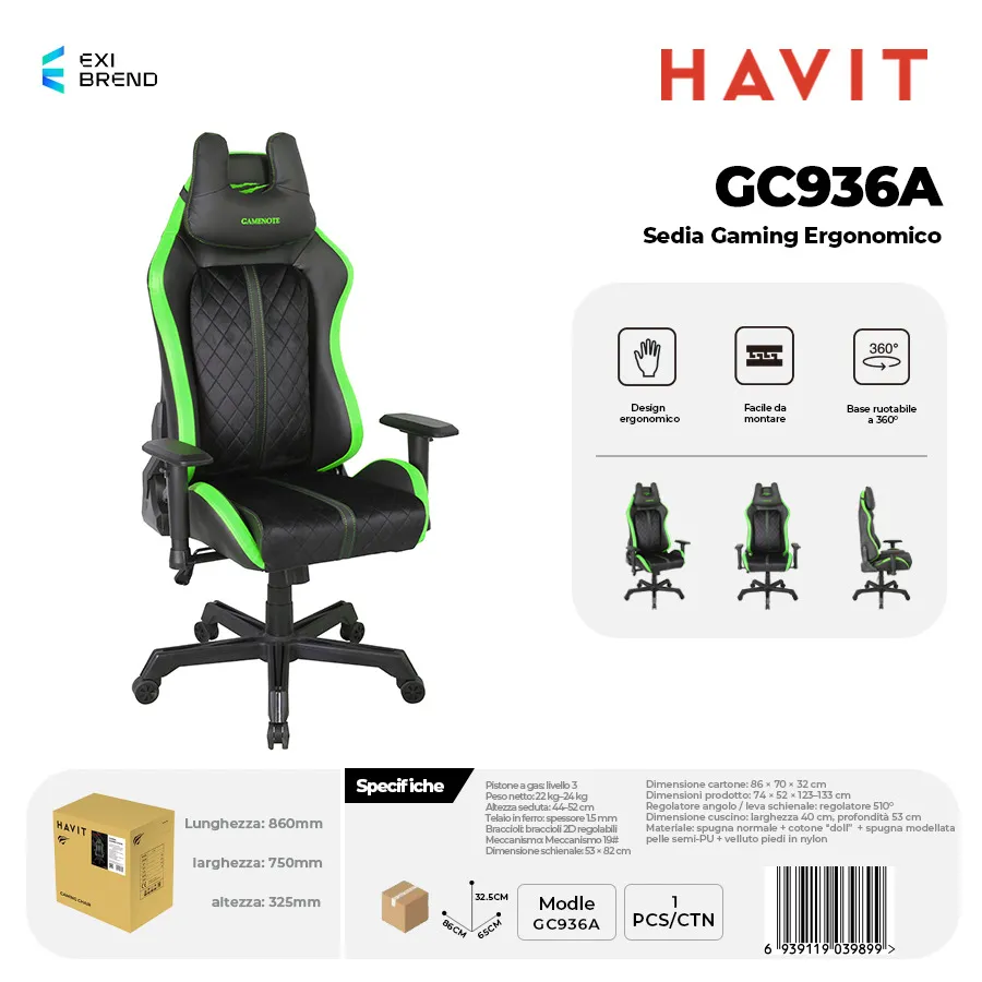 HAVIT GC936A-GR Sedia Gaming Nero + Verde