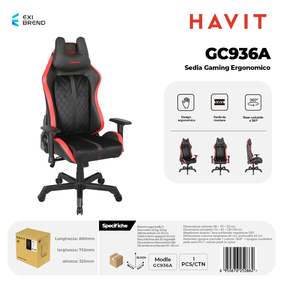 HAVIT GC936A-RD Sedia Gaming Nero + Rosso