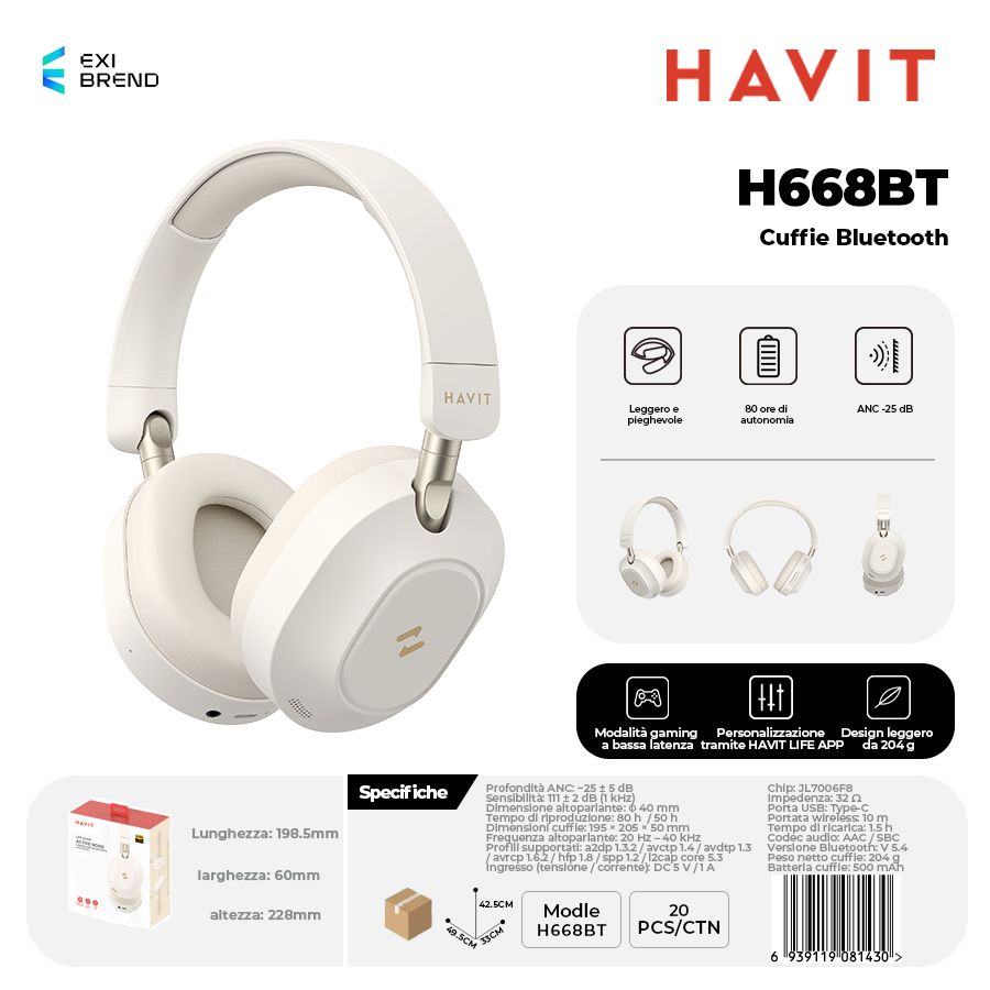 HAVIT H668BT-BE Cuffie Bluetooth 5,4 Batt.500 mAh