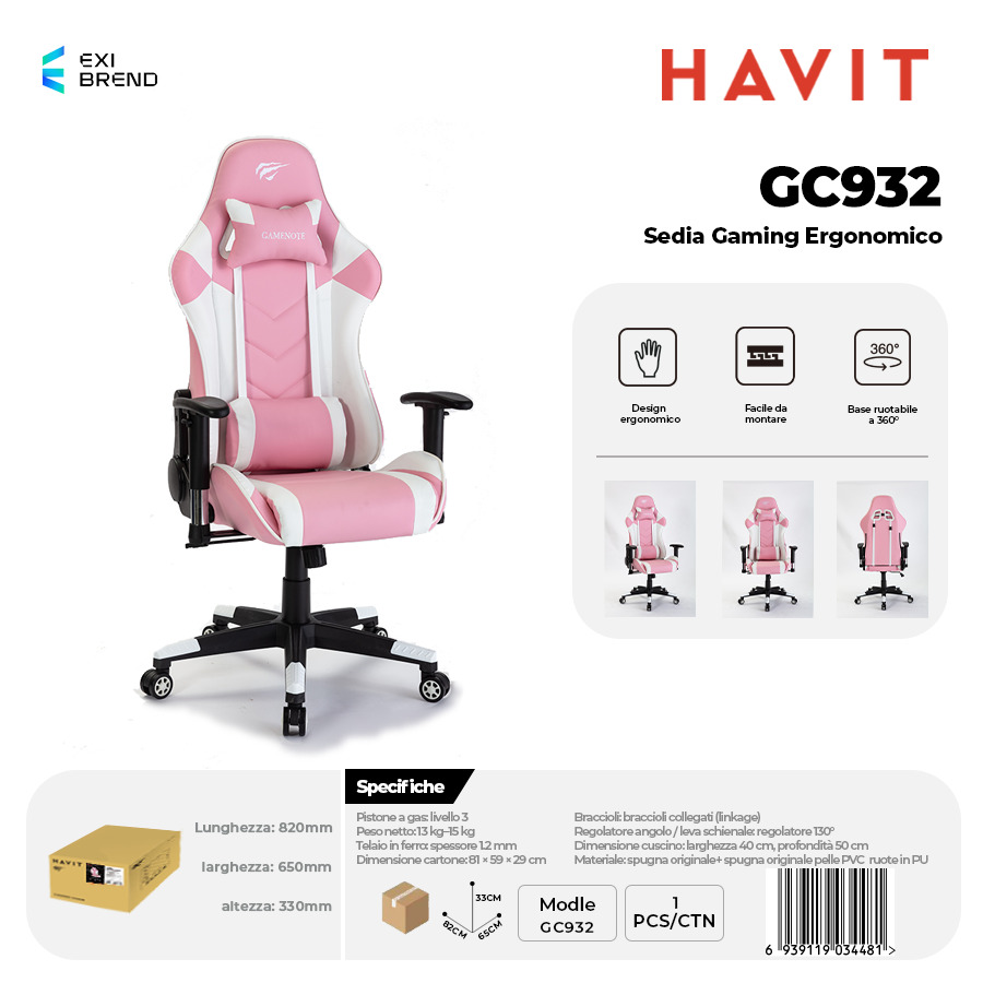 [GC932] HAVIT GC932 Sedia Gaming Bianco e Rosa